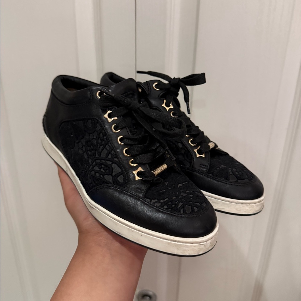 Women’s Black Lace-Detail Sneakers with Gold Accents